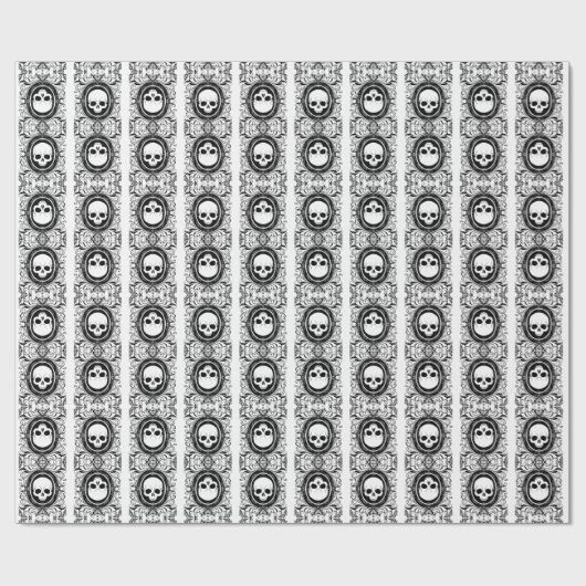 Black Cameo Damask Skulls auf weißem Wrapping Pape Geschenkpapier (Flach)
