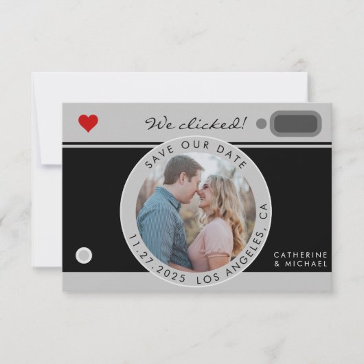 Black Camera Foto Hochzeit Save the Date einzigart (Vorderseite)
