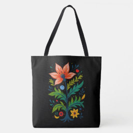 Black Canvas Folk Art Flower Tree Dark Boho Tasche