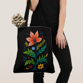 Black Canvas Folk Art Flower Tree Dark Boho Tasche (Von Nahem)