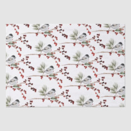 Black Cap Chickadees Kiefernzweige & Red Berries Seidenpapier