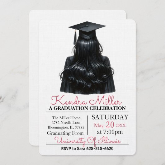 Black Cap & Gown Watercolor Abschluss Einladung (Vorne/Hinten)