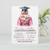 Black Cap & Gown Watercolor Abschluss Einladung (Stehend Vorderseite)