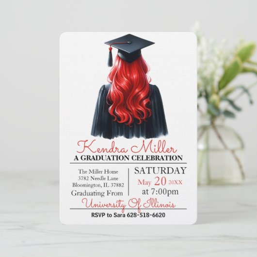 Black Cap & Gown Watercolor Abschluss Einladung (Stehend Vorderseite)