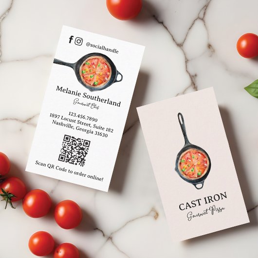 Black Cast Eisen Skillet Pizza Catering & Lieferun Visitenkarte