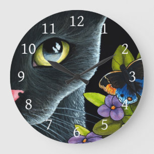 Black Cat 557 Blauer Schmetterling Blume Große Wanduhr