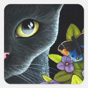Black Cat 557 Blauer Schmetterling Blume Quadratischer Aufkleber