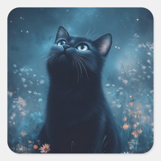 Black Cat Amidmoonlit Wildblumen Quadratischer Aufkleber (Vorderseite)