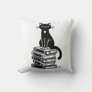 Black Cat and Books - Minimalistisches Design Kissen