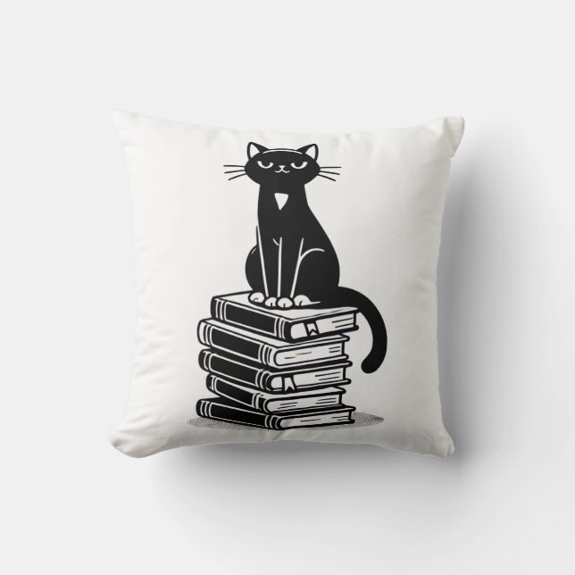 Black Cat and Books - Minimalistisches Design Kissen (Vorderseite)
