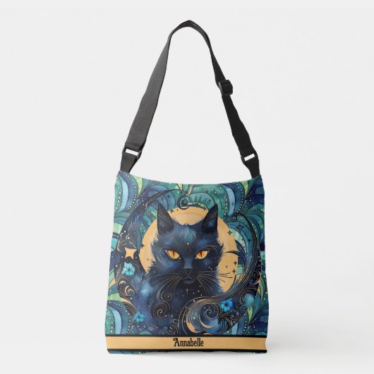 Black Cat and Celestial Moon Crossbody Bag Tragetaschen Mit Langen Trägern (Vorderseite)