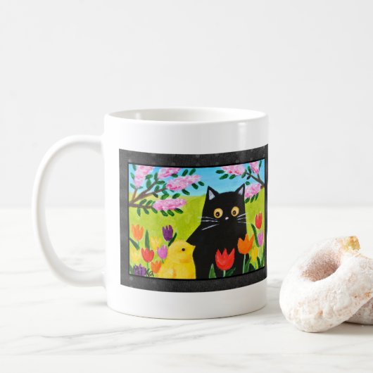 Black Cat and Chick Cute Folk Art Cat Lover Gift Kaffeetasse (Mit Donut)
