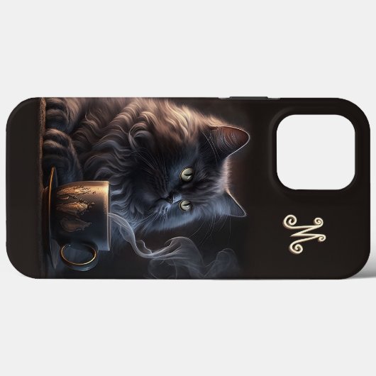Black Cat and Coffee with Monogram Case-Mate iPhone Hülle (Rückseite (Horizontal))