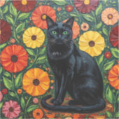 Black Cat and Colorful Folk Art Flowers Aufkleber (Vorderseite)