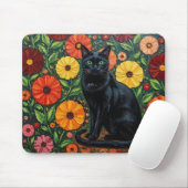 Black Cat and Colorful Folk Art Flowers Mousepad (Mit Mouse)