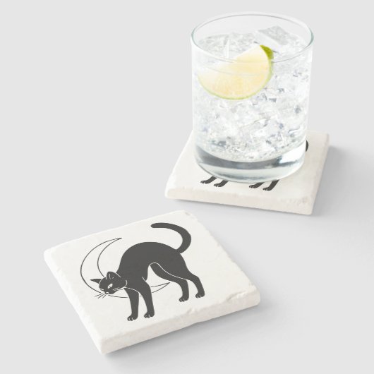 Black Cat and Crescent Moon Line Art Steinuntersetzer (Seitenansicht)