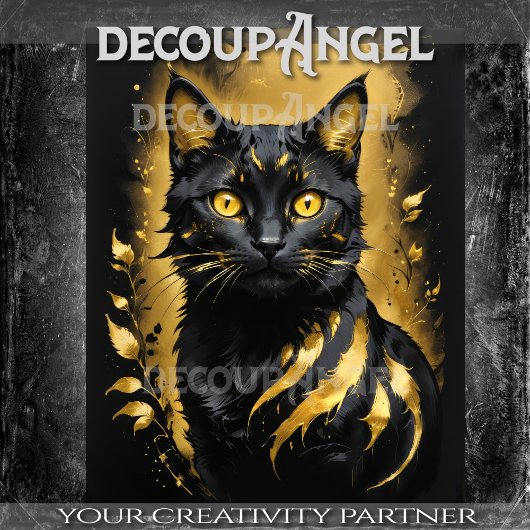 Black Cat and Gold - Decoupage- Seidenpapier