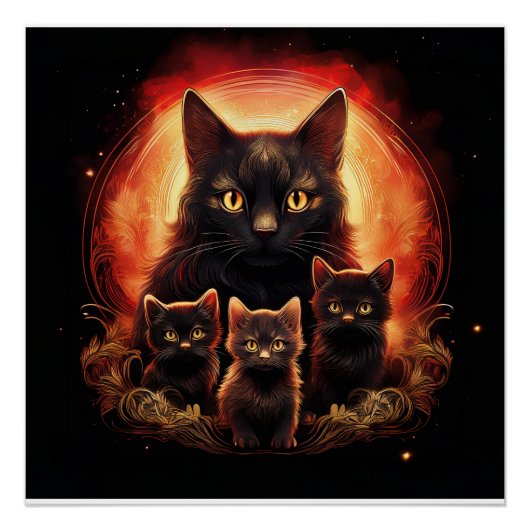 Black Cat And Her Three Kittens Poster (Vorderseite)
