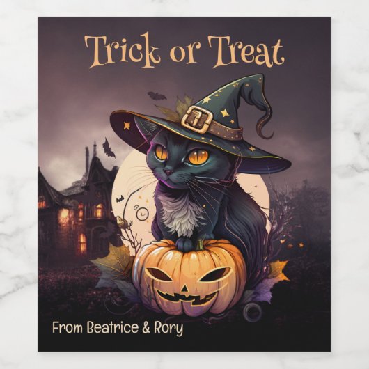 Black Cat and Pumpkin Halloween-Party Einladung Weinetikett (Einzelnes Label)