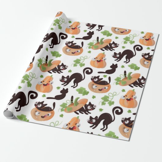 Black Cat and Pumpkin Halloween Pattern Geschenkpapier (Ungerollt)