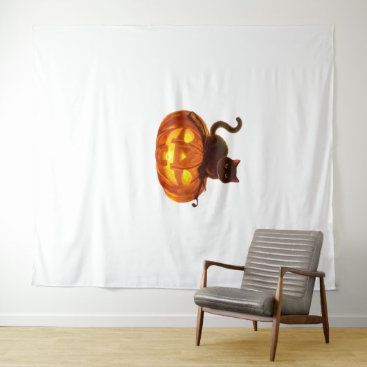 Black Cat and Pumpkin - Spooky Halloween Magic Cla Wandteppich (Beispiel (Horizontal))
