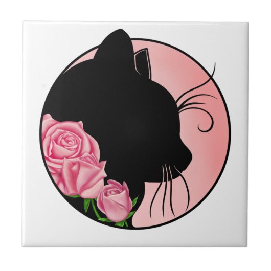 Black Cat and Roses Fliese (Vorderseite)