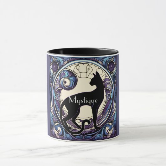 Black Cat Art Nouveau Lila und blau Tasse (Zentrum)