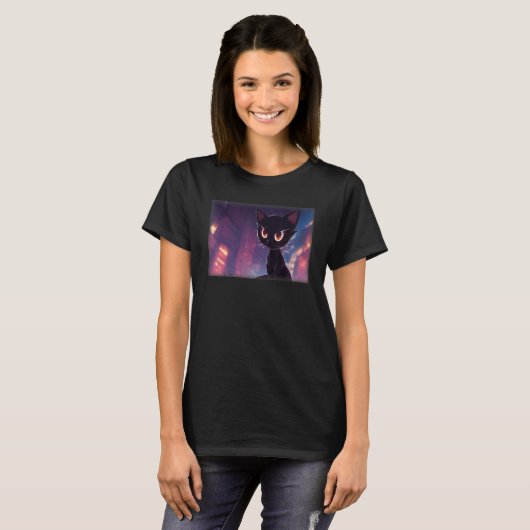 Black Cat Artwork Background Wide Eyed Expressive T-Shirt (Vorne ganz)