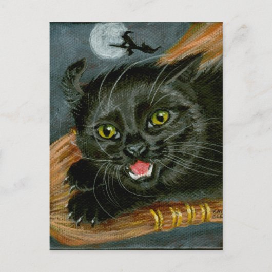 Black Cat auf Broom Halloween Postkarte (Vorderseite)