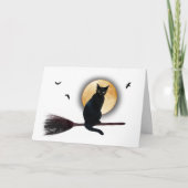 Black Cat auf Broomstick Halloween-Karte Karte (Vorderseite)