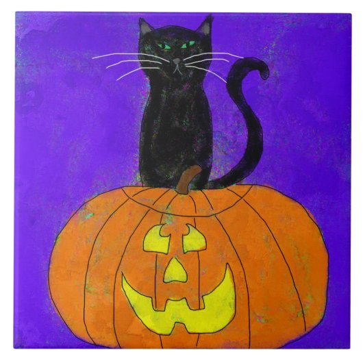 Black Cat auf Pumpkin Abstrakte Halloween Art Fliese (Vorderseite)