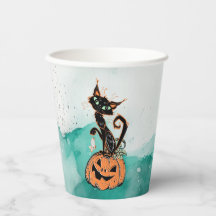 Black Cat auf Pumpkin Halloween Paper Cup