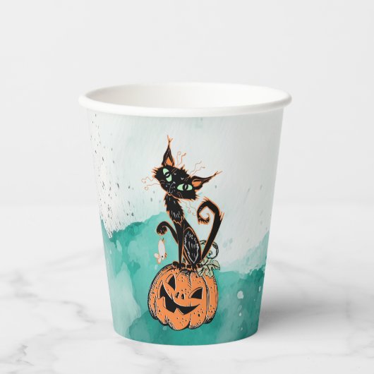 Black Cat auf Pumpkin Halloween Paper Cup Pappbecher (Vorderseite)