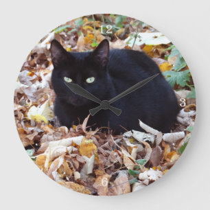 Black cat Autumn Photo Round (Large) Wall Clock Große Wanduhr