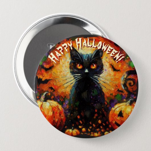 Black Cat Bats Pumpkins Whimsical Personalized Button (Vorne & Hinten)