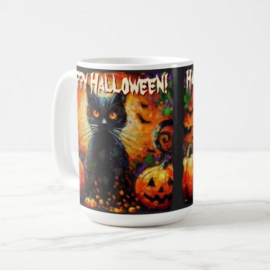 Black Cat Bats Pumpkins Whimsical Personalized Kaffeetasse (Vorderseite Links)