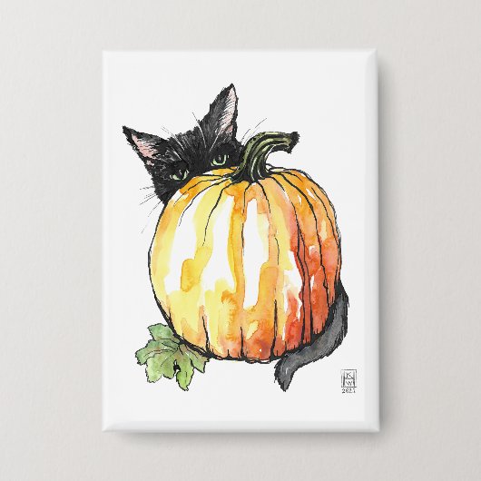 Black Cat Behind Pumpkin Button (Vorderseite)