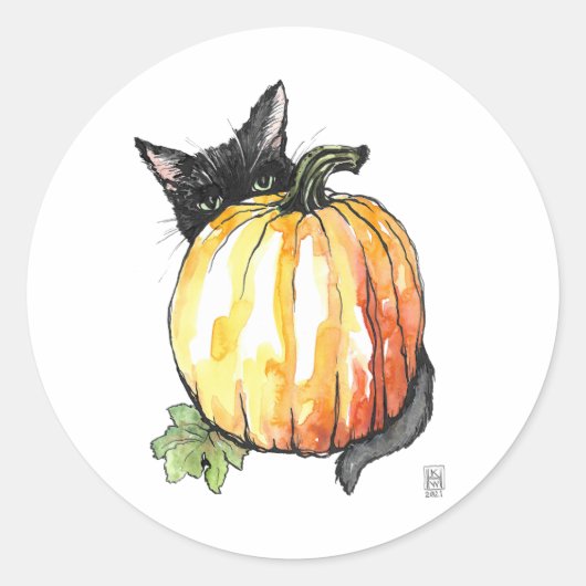 Black Cat Behind Pumpkin Circle Sticker Blatt (Vorderseite)