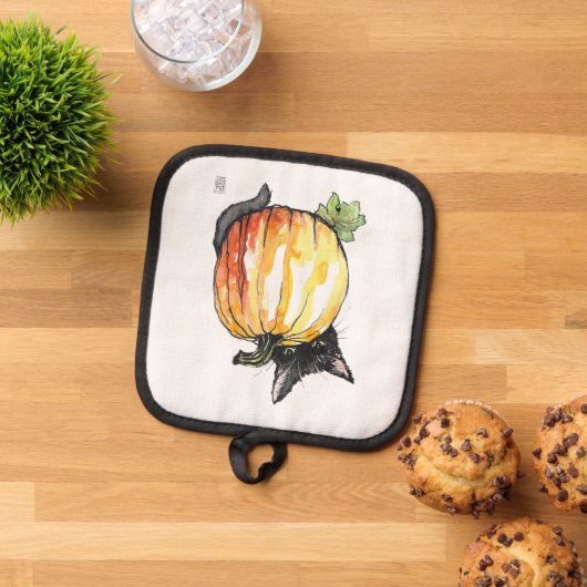 Black Cat Behind Pumpkin Pot Holder Topflappen (Oben Unten)