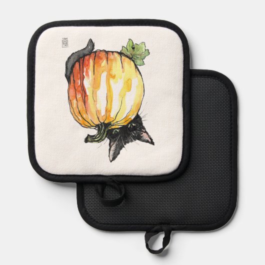 Black Cat Behind Pumpkin Pot Holder Topflappen (Vorderseite/Rückseite)