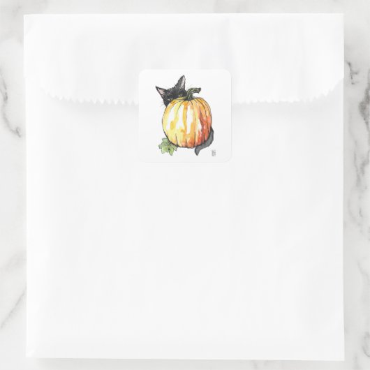 Black Cat Behind Pumpkin Square Sticker Sheet (Tasche)