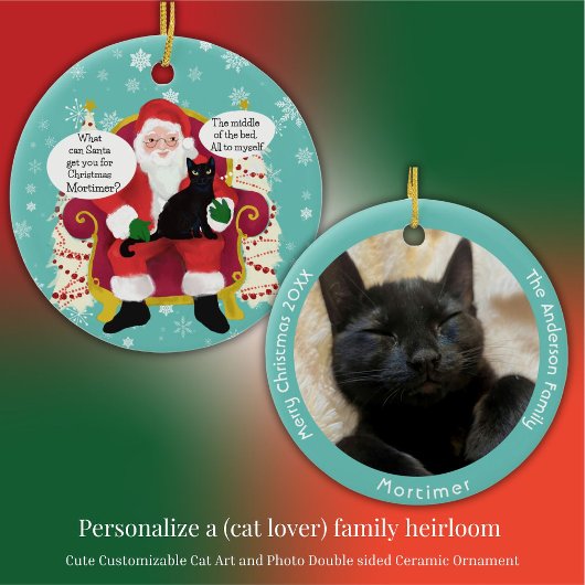 Black Cat besucht Santa Funny Custom Foto Keramik Ornament
