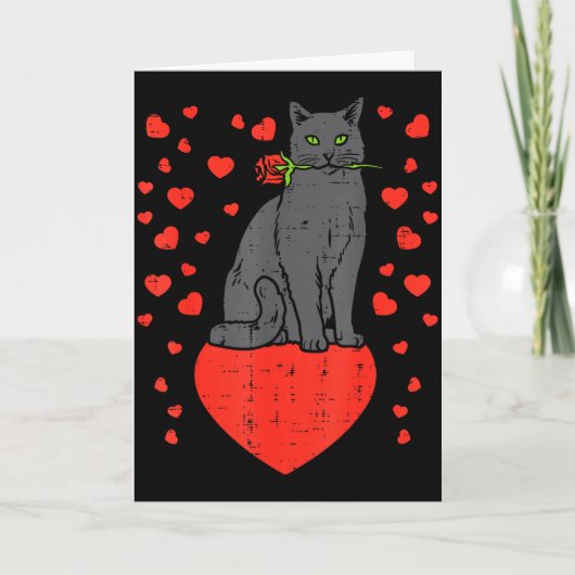 Black Cat Biting Rose Hearts Valentines Day Animal Karte (Vorderseite)