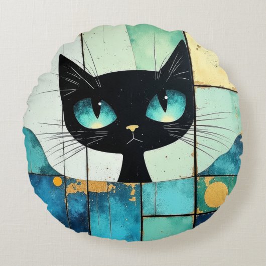 Black Cat Block art Rundes Kissen (Vorderseite)