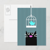 Black Cat & Blue Bird in Birdcage Postkarte (Vorne/Hinten)