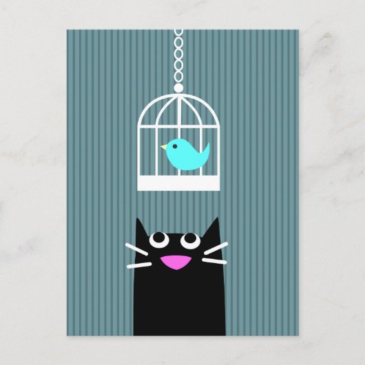 Black Cat & Blue Bird in Birdcage Postkarte (Vorderseite)
