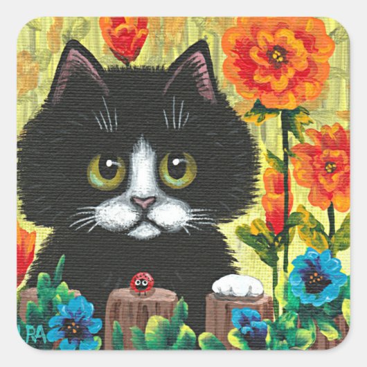 Black Cat Blume Creationarts Square Sticker (Vorderseite)
