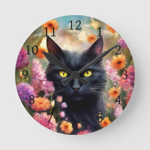 Black Cat Blume Garden Cat 736 Runde Wanduhr