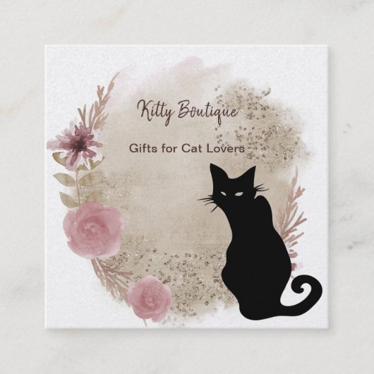Black Cat Boho Watercolor Square Business Card Quadratische Visitenkarte (Vorderseite)