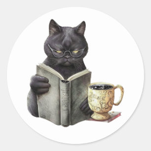 Black Cat Book Lover Bookworm Kaffee Reading Kitty Runder Aufkleber